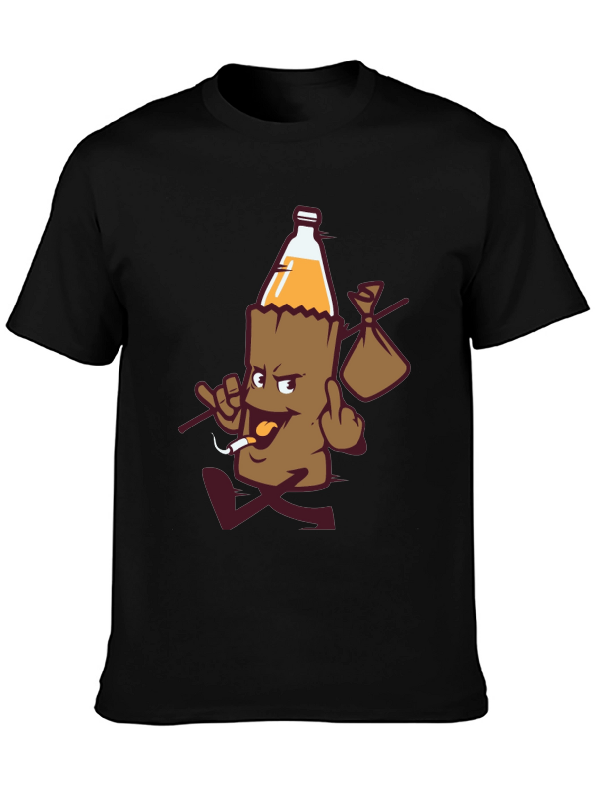 Novelty Cartoon Beer Bottle Run Black T-shirt