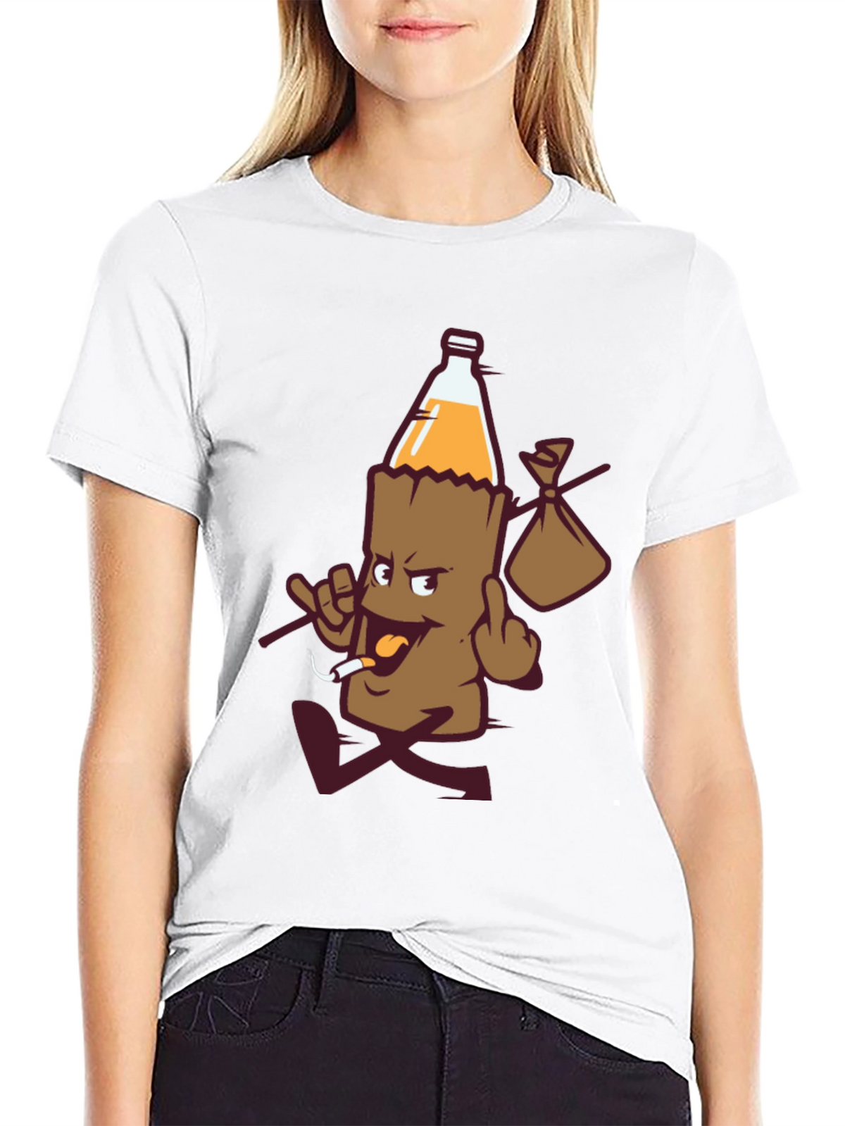 Novelty Cartoon Beer Bottle Run Black T-shirt