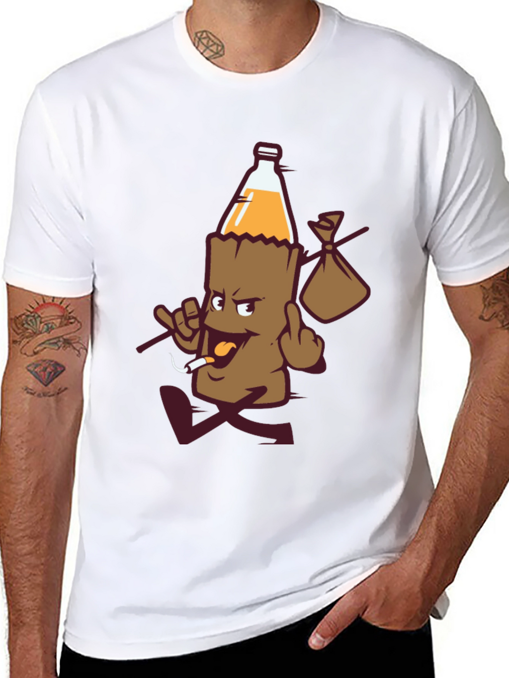 Novelty Cartoon Beer Bottle Run Black T-shirt