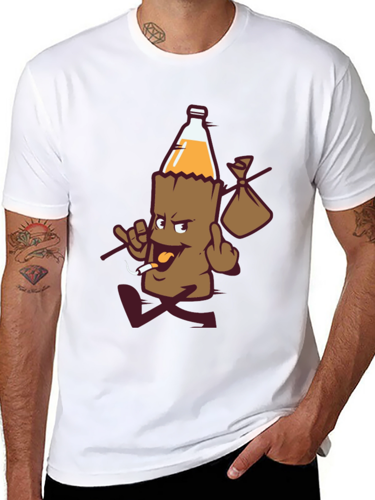 Novelty Cartoon Beer Bottle Run Black T-shirt