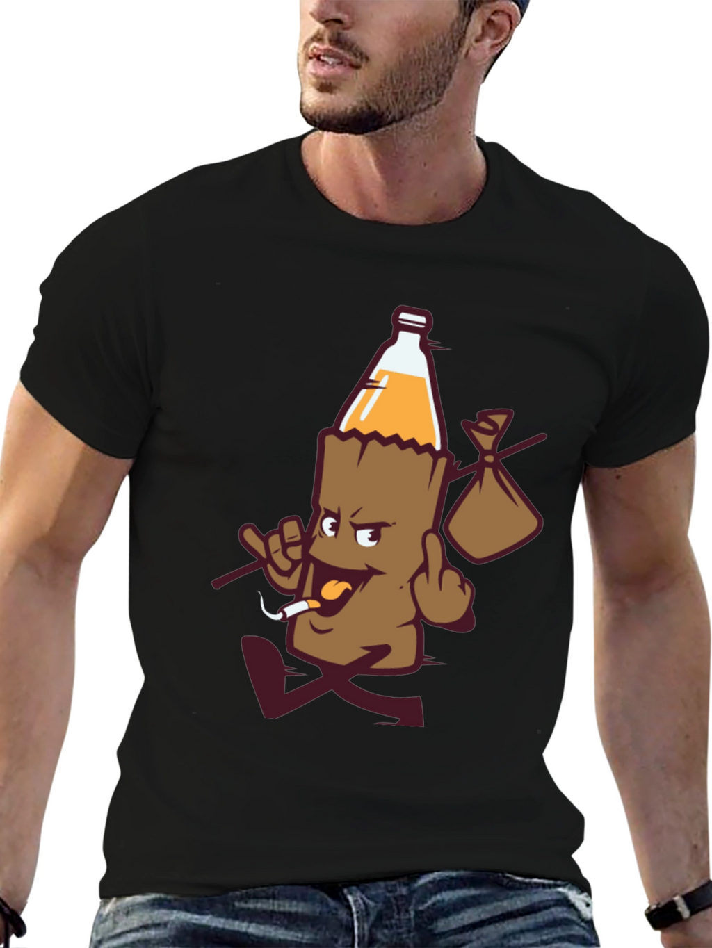 Novelty Cartoon Beer Bottle Run Black T-shirt