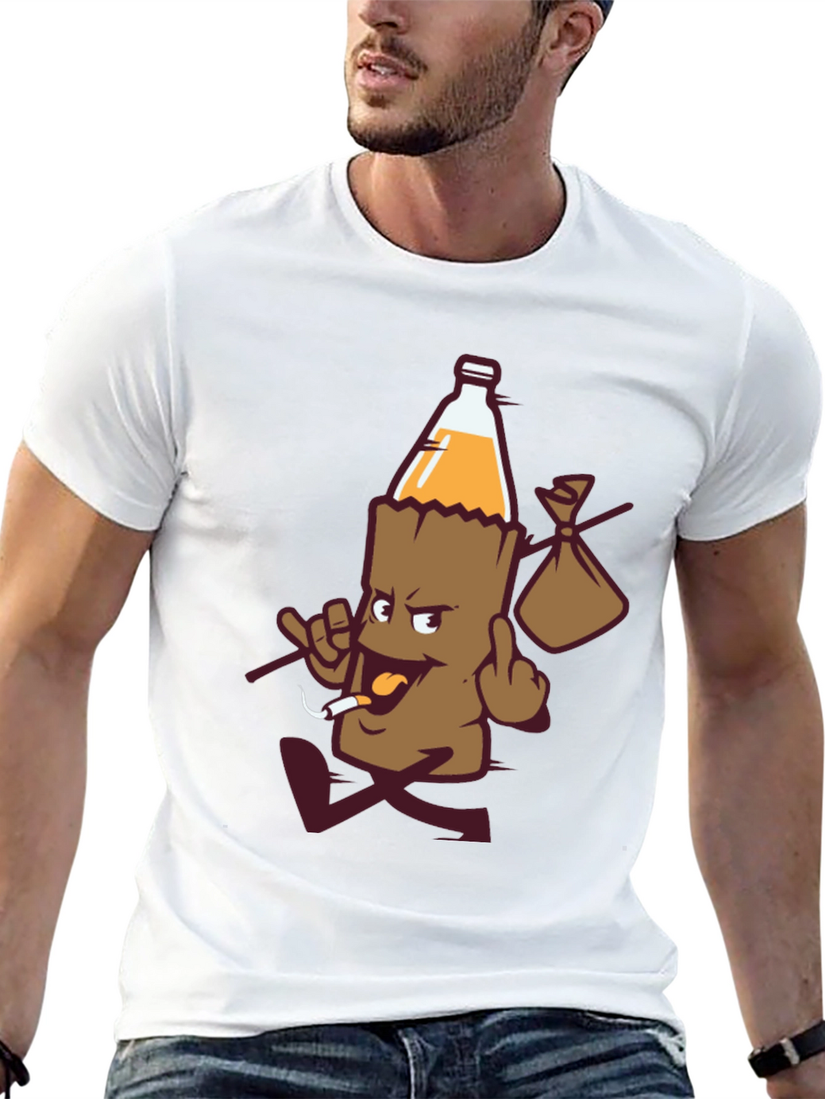 Novelty Cartoon Beer Bottle Run Black T-shirt