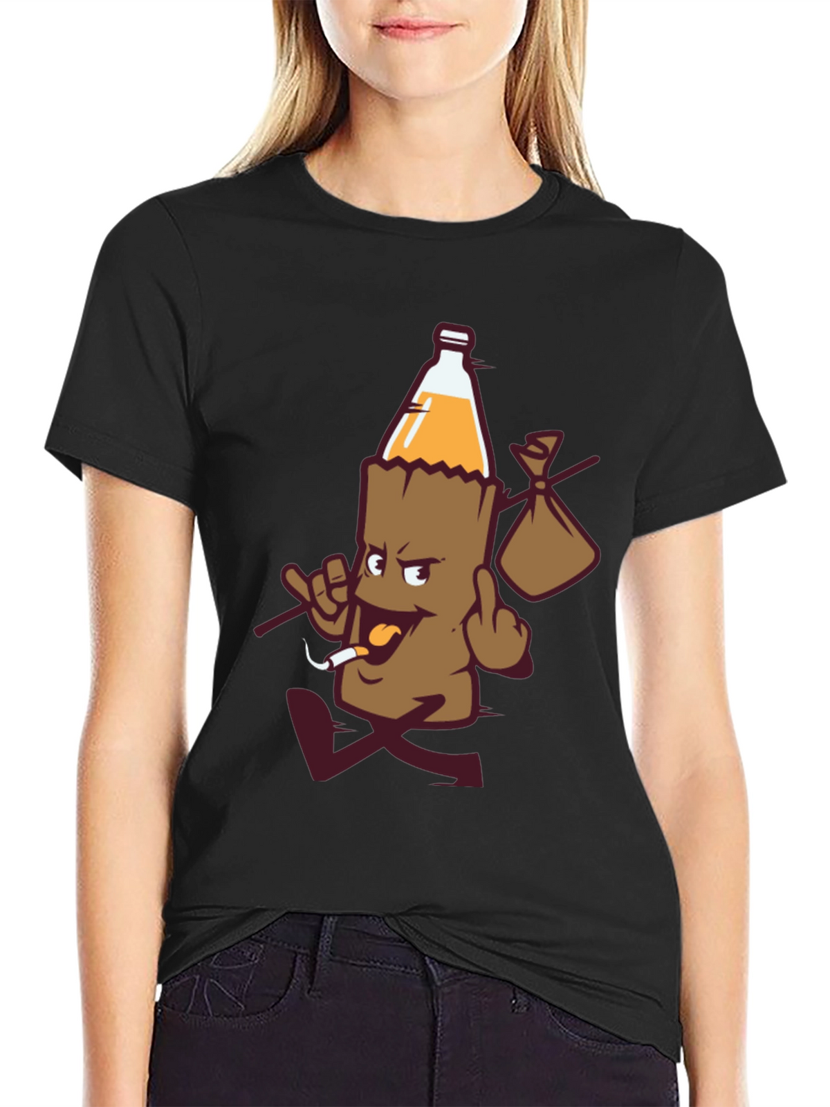 Novelty Cartoon Beer Bottle Run Black T-shirt