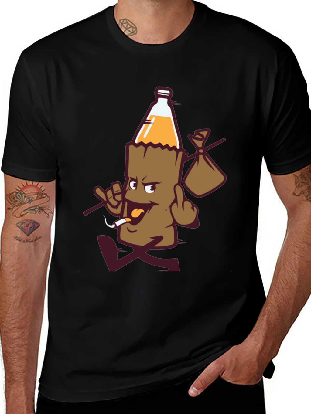 Novelty Cartoon Beer Bottle Run Black T-shirt