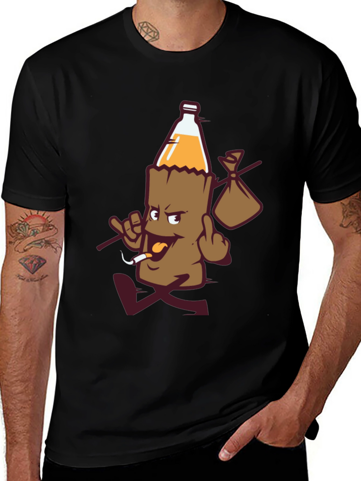 Novelty Cartoon Beer Bottle Run Black T-shirt