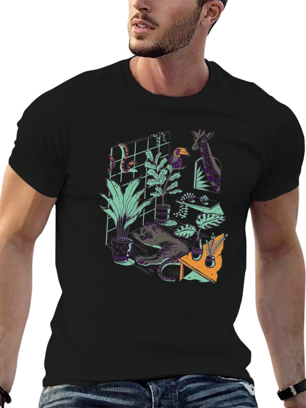 Jungle Animals Graphic Print Black T-Shirt