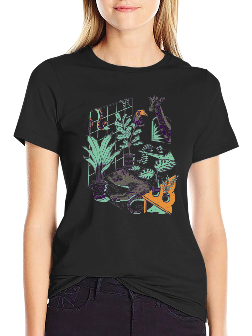 Jungle Animals Graphic Print Black T-Shirt