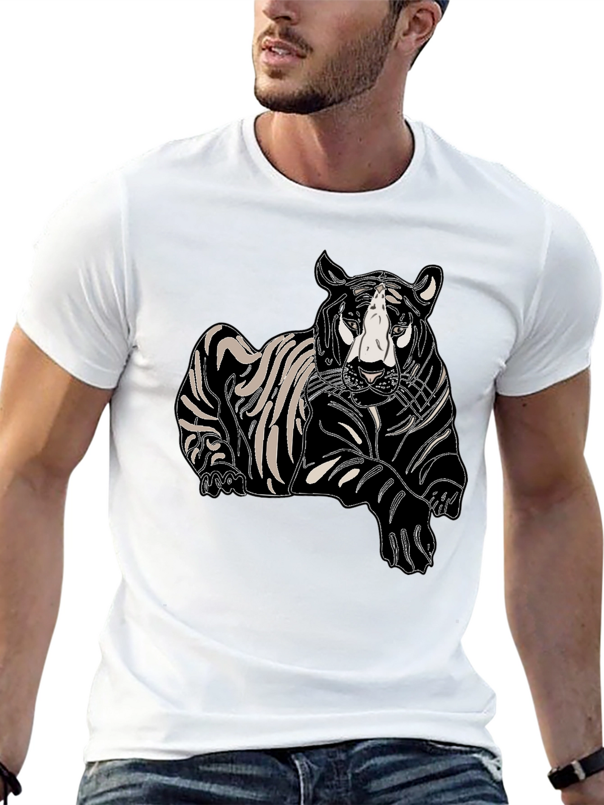Mens Black T-Shirt with Tiger Print