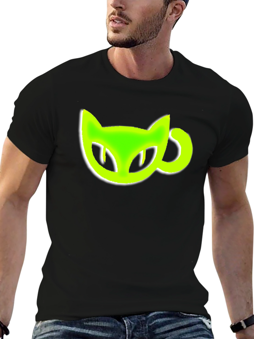 Black T-Shirt with Green Cat-Shaped Coffee Mug