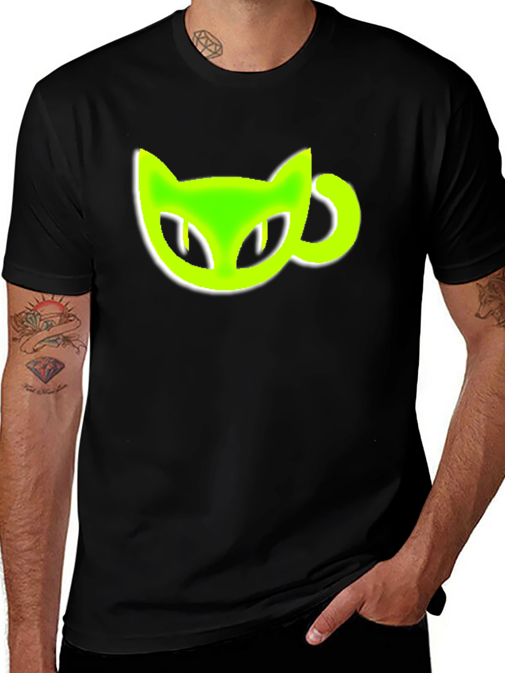 Black T-Shirt with Green Cat-Shaped Coffee Mug