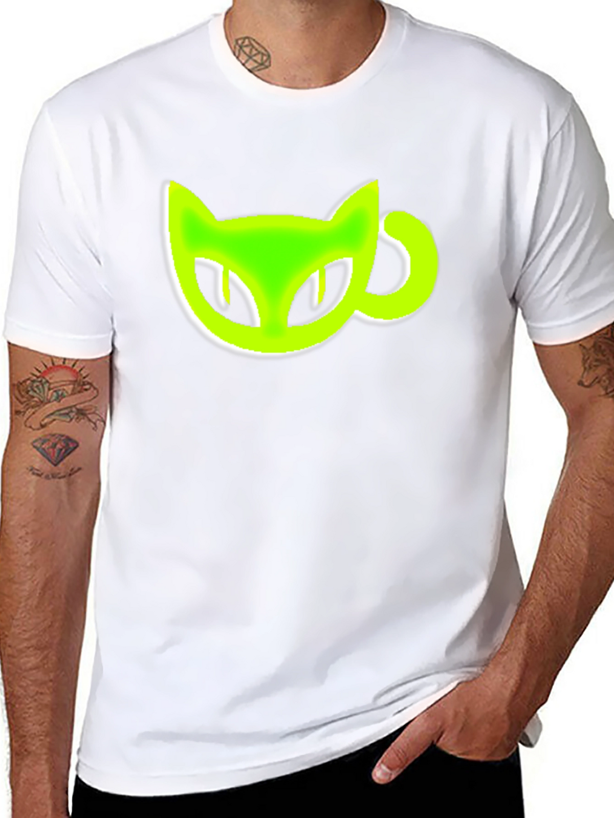Black T-Shirt with Green Cat-Shaped Coffee Mug