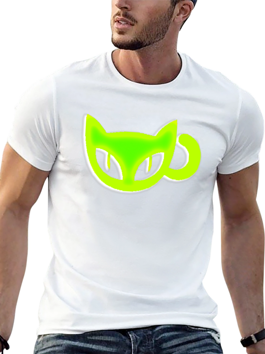 Black T-Shirt with Green Cat-Shaped Coffee Mug