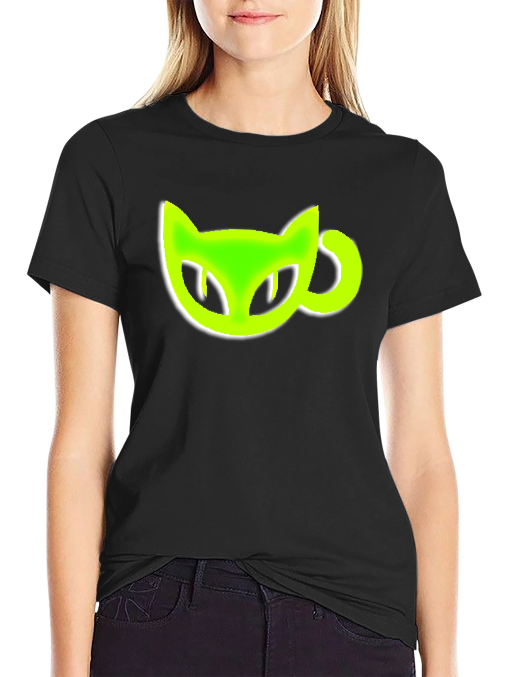 Black T-Shirt with Green Cat-Shaped Coffee Mug
