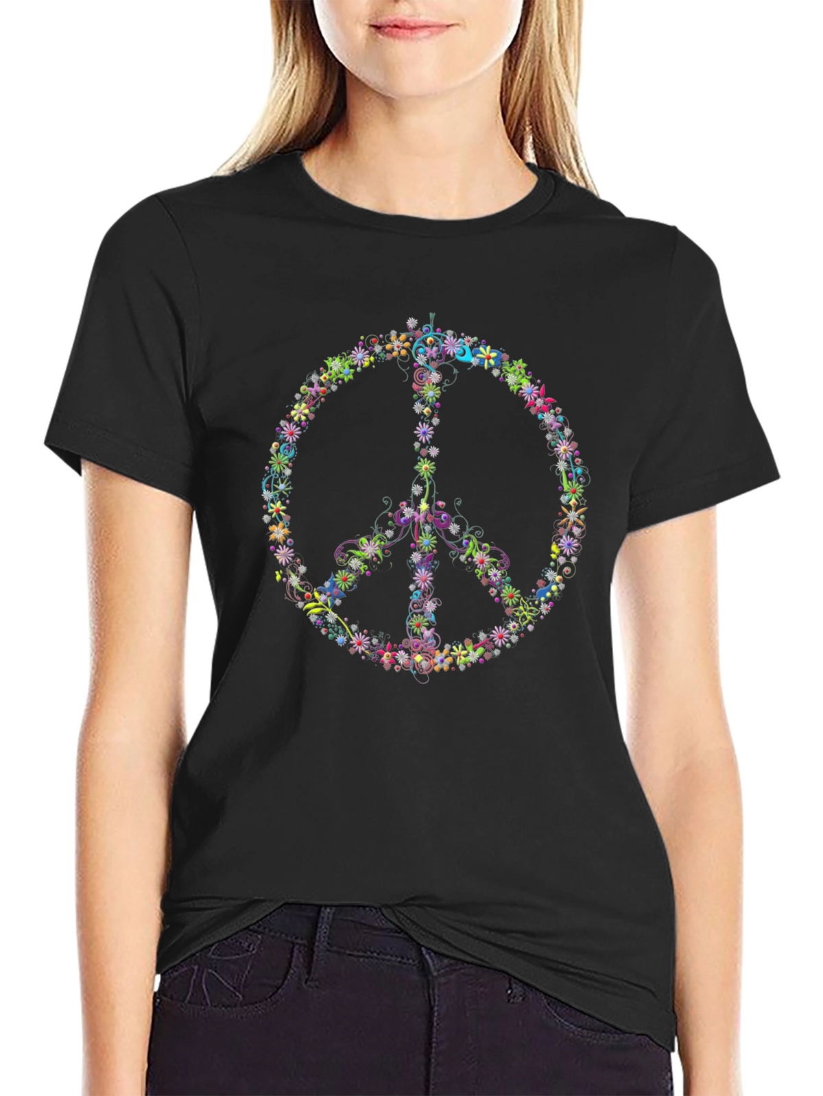 Floral Peace Sign Black T-Shirt