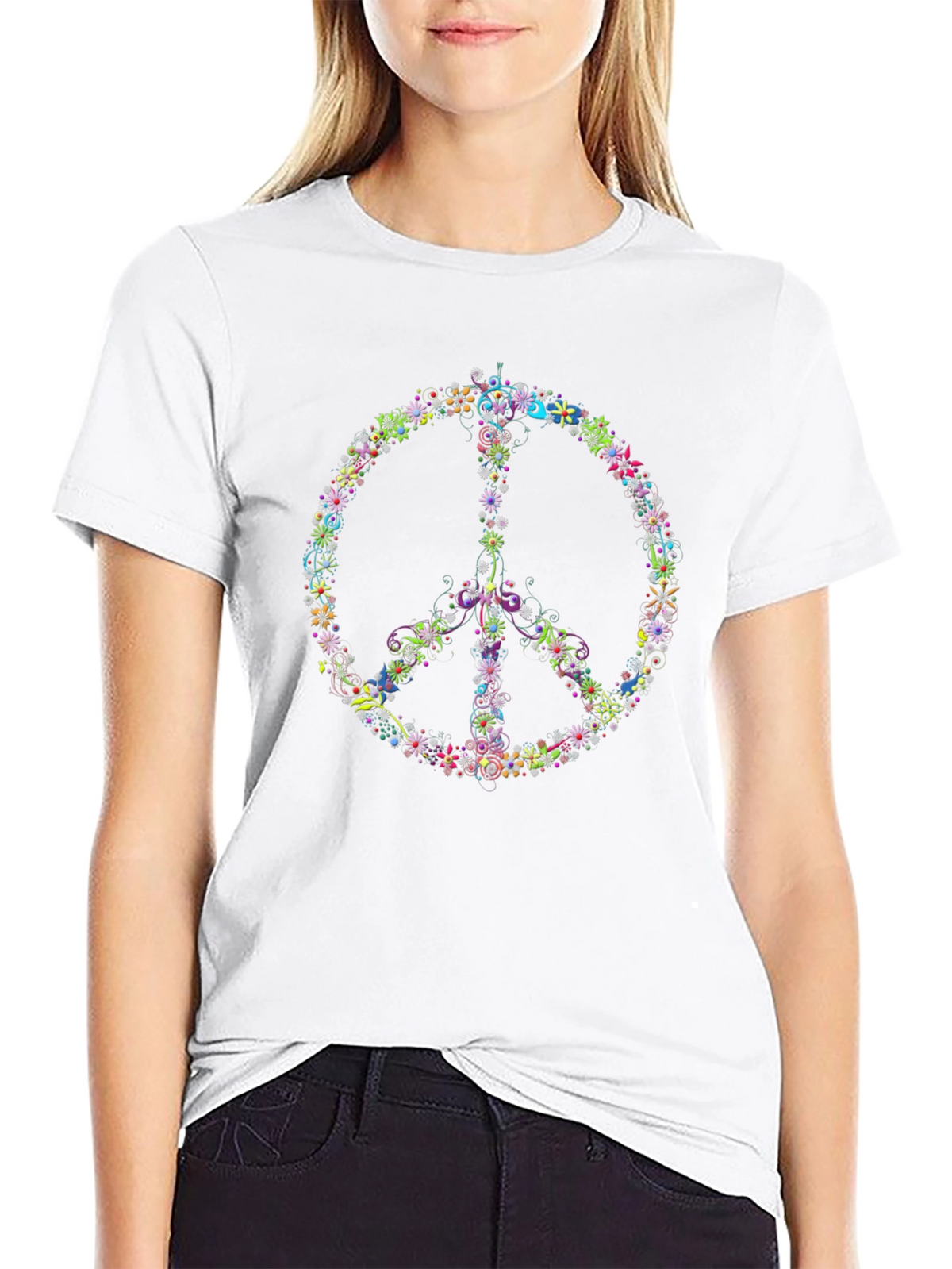 Floral Peace Sign Black T-Shirt