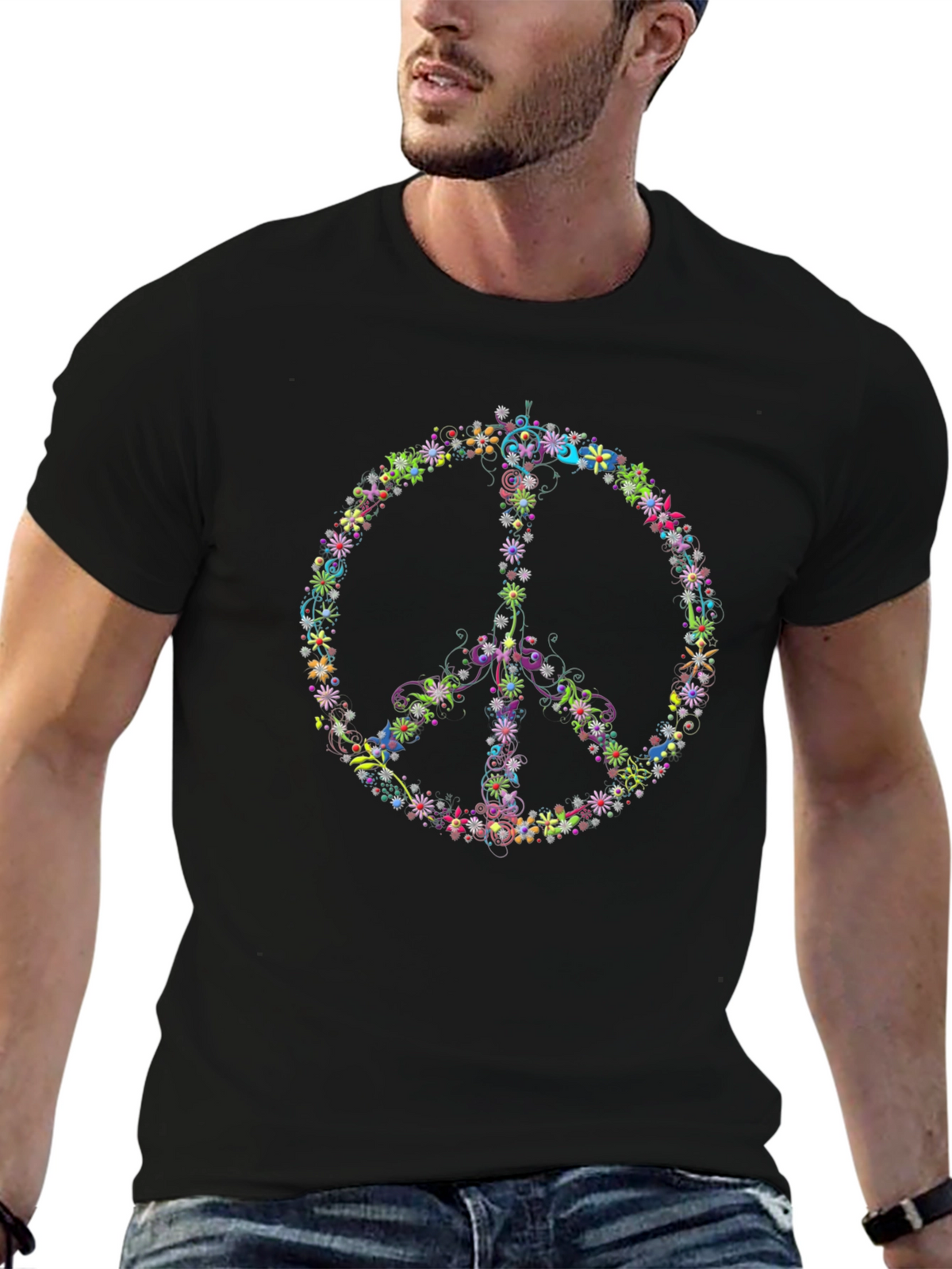 Floral Peace Sign Black T-Shirt