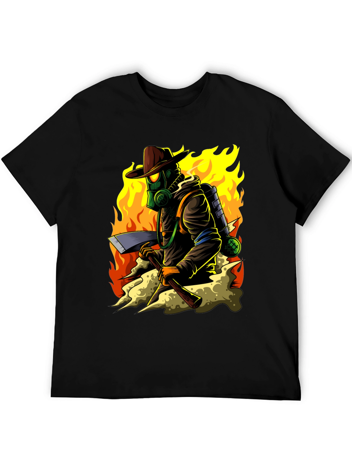 Firefighter Cartoon Graphic Black T-Shirt