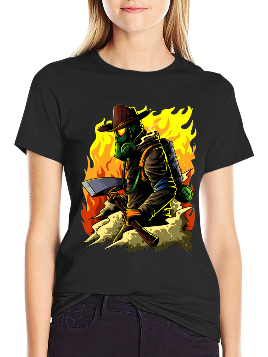Firefighter Cartoon Graphic Black T-Shirt