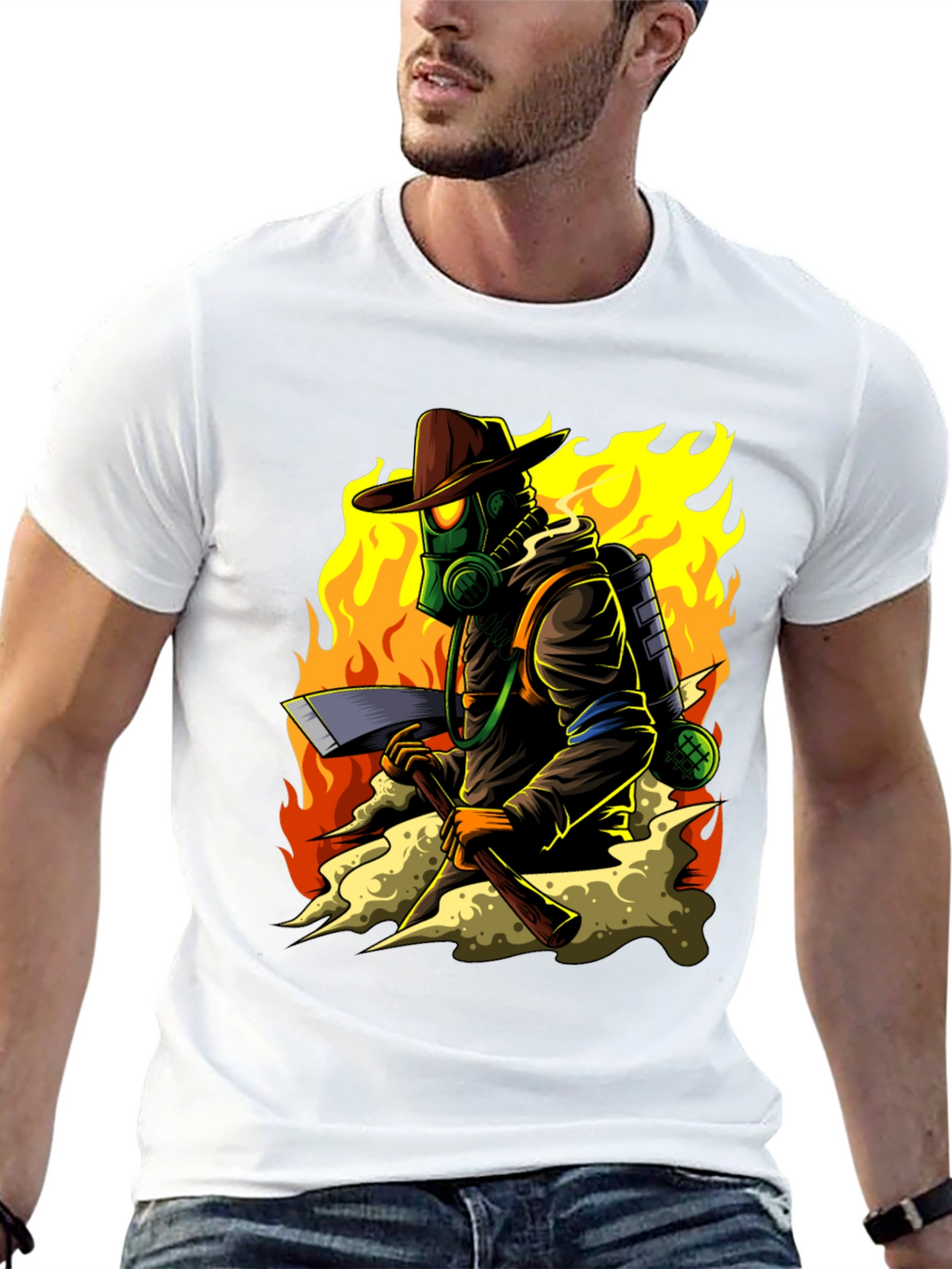 Firefighter Cartoon Graphic Black T-Shirt