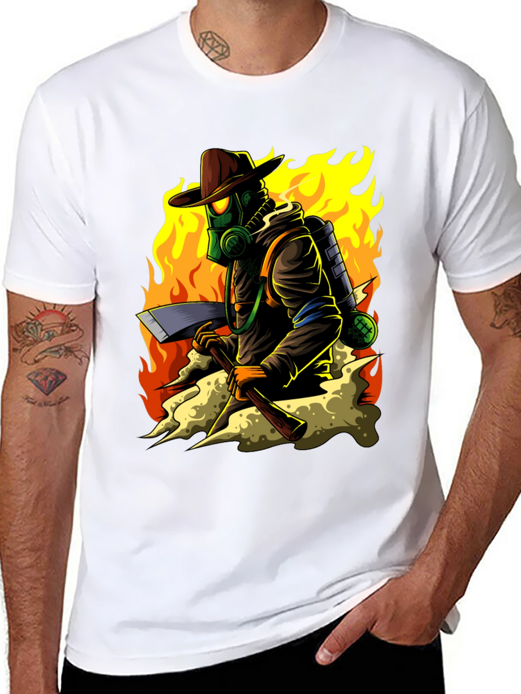Firefighter Cartoon Graphic Black T-Shirt