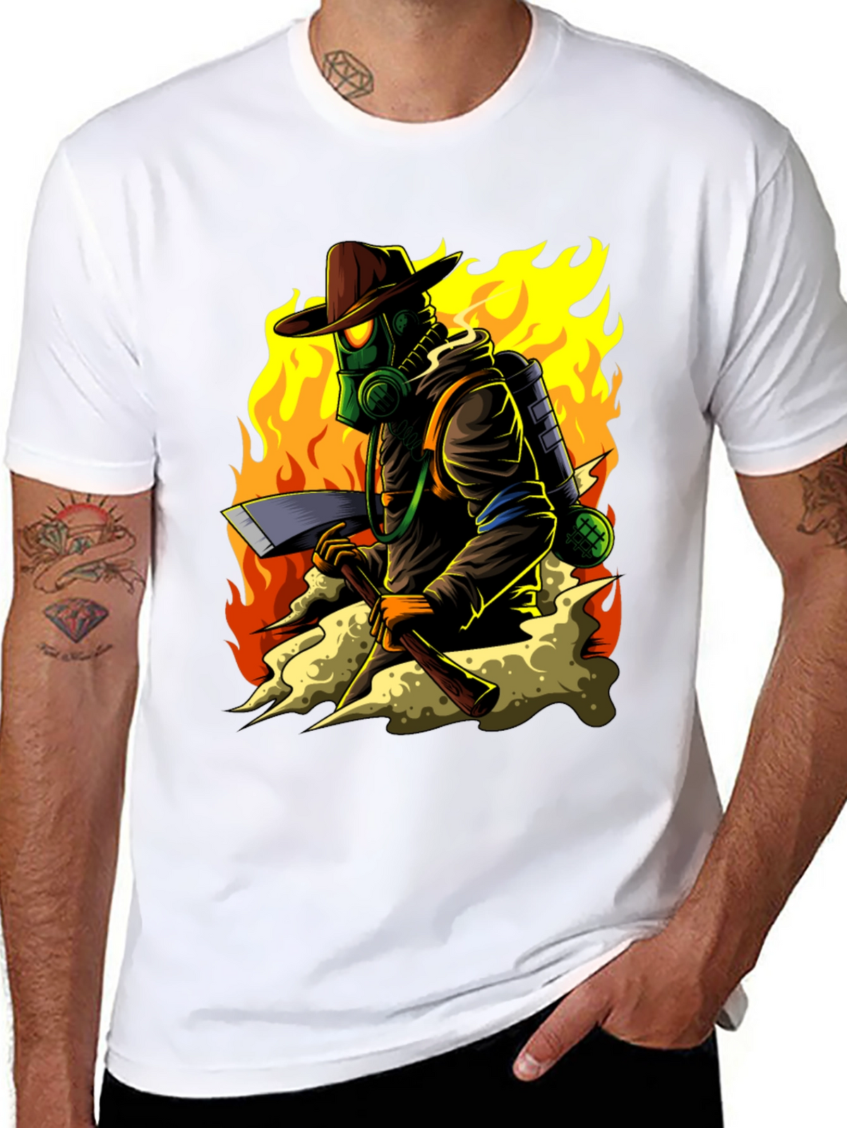 Firefighter Cartoon Graphic Black T-Shirt