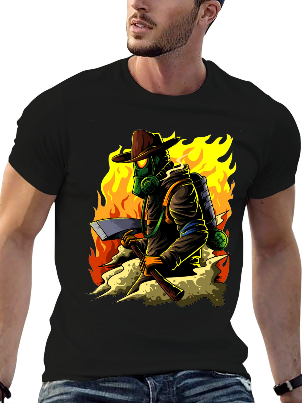 Firefighter Cartoon Graphic Black T-Shirt