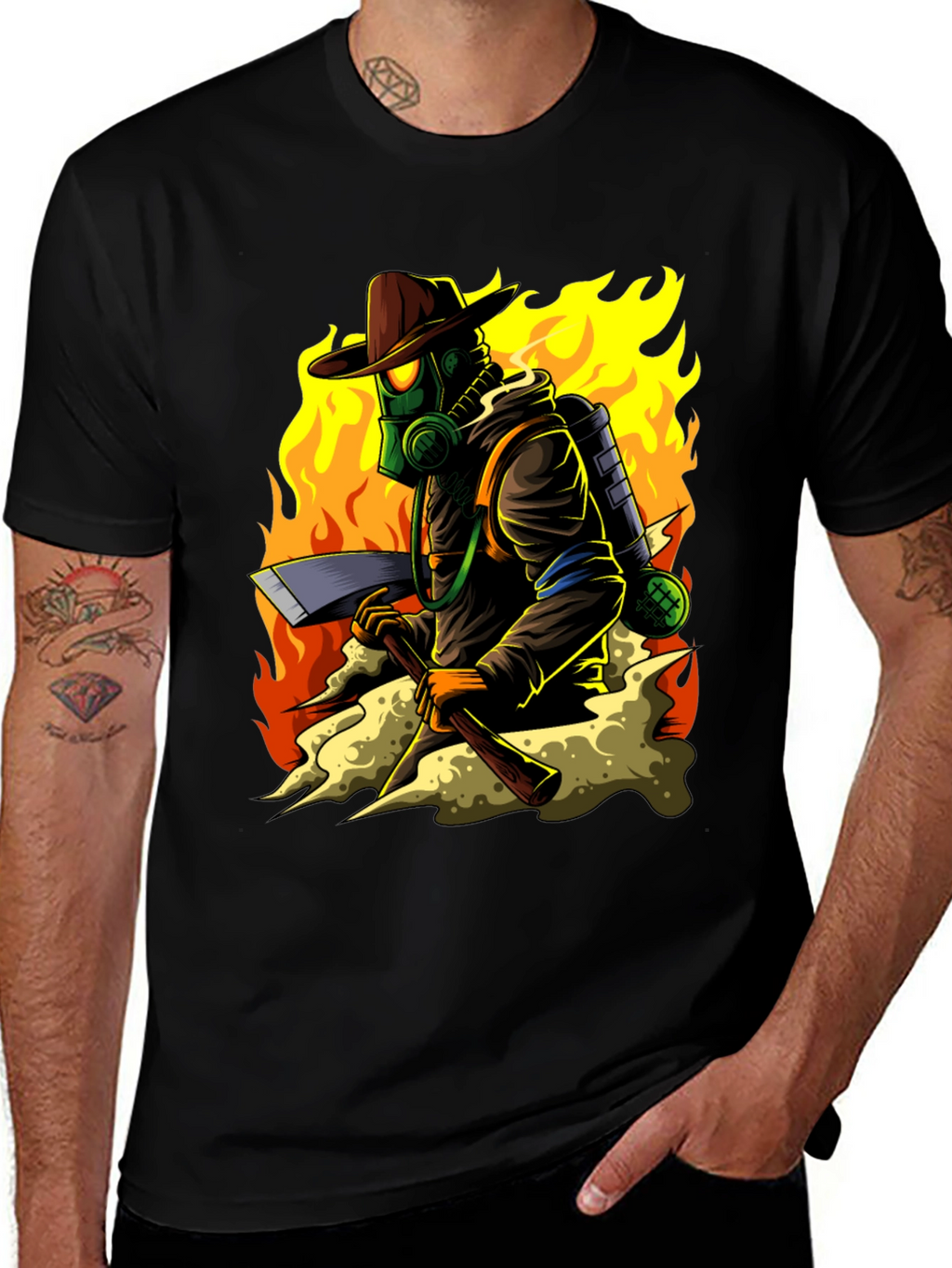 Firefighter Cartoon Graphic Black T-Shirt
