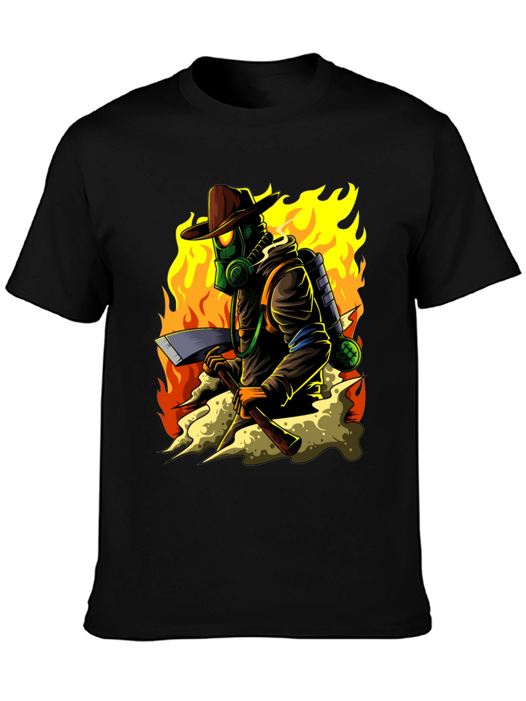 Firefighter Cartoon Graphic Black T-Shirt