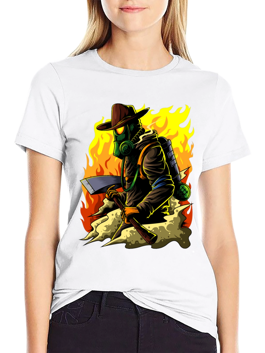 Firefighter Cartoon Graphic Black T-Shirt