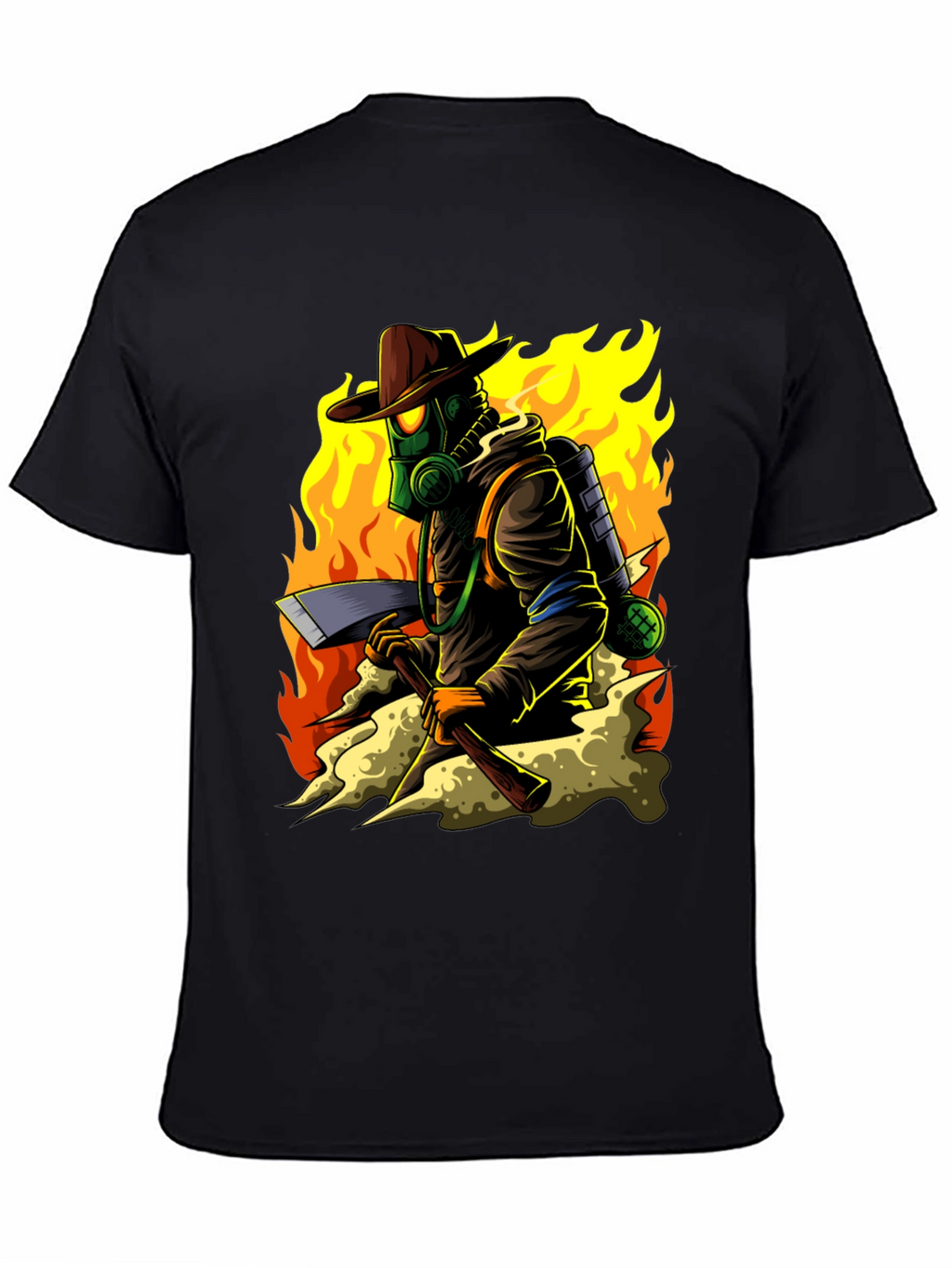 Firefighter Cartoon Graphic Black T-Shirt