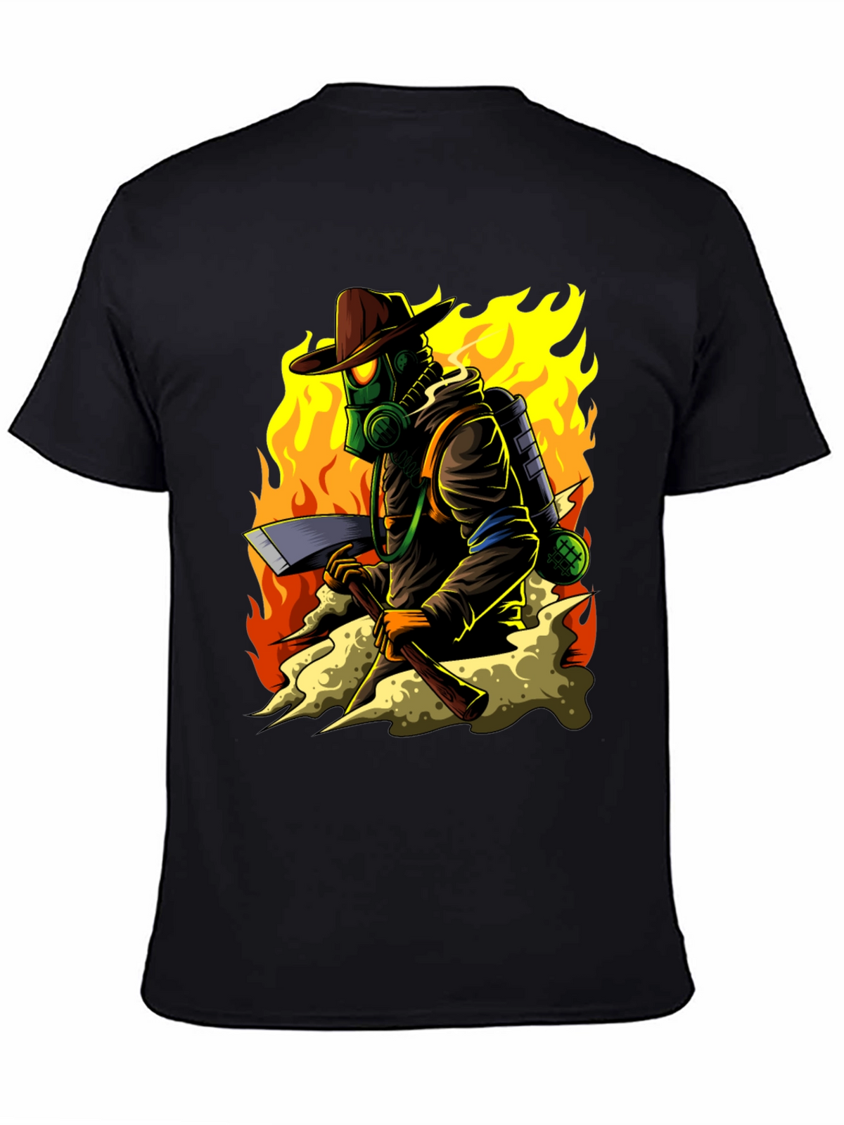 Firefighter Cartoon Graphic Black T-Shirt