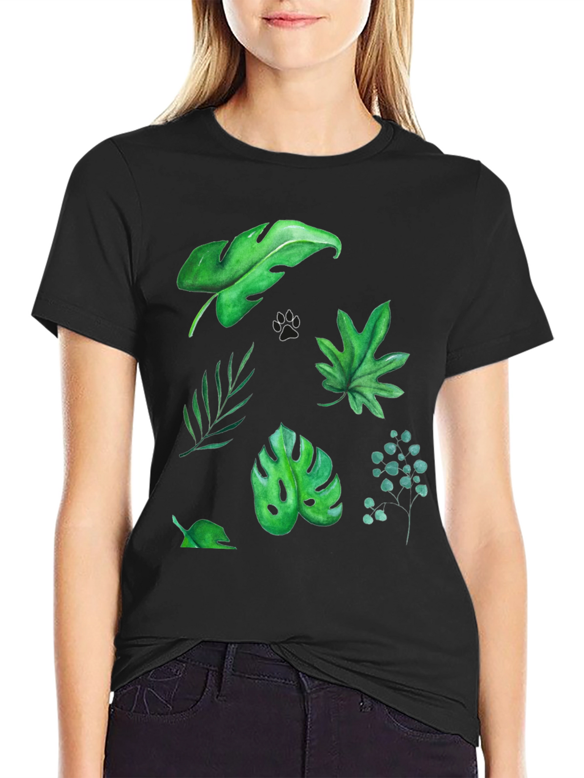 Leaf Print Tee - Black Cotton T-Shirt