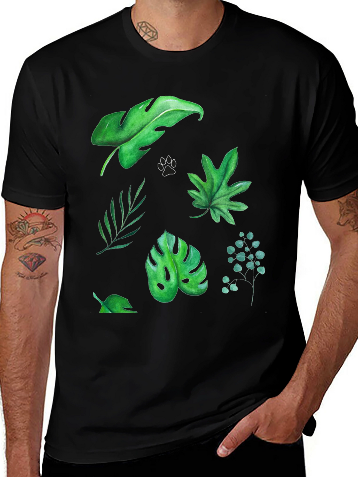 Leaf Print Tee - Black Cotton T-Shirt