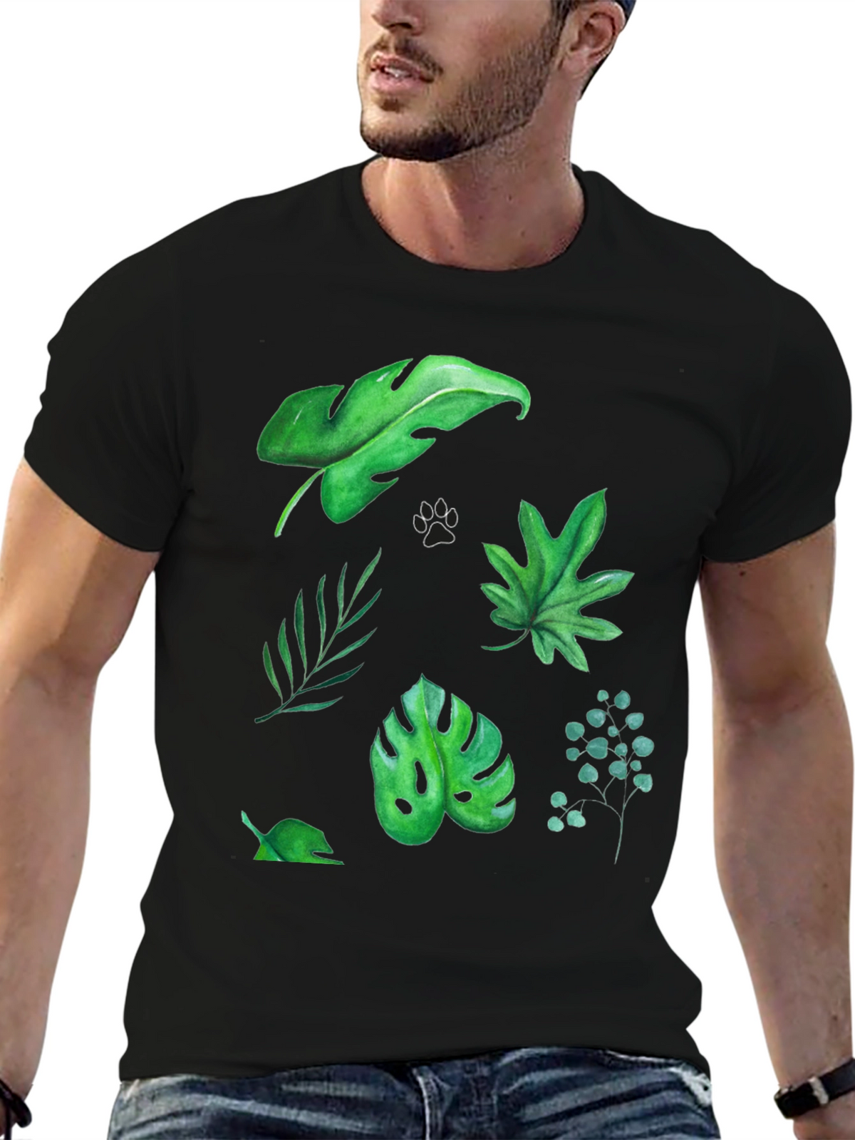 Leaf Print Tee - Black Cotton T-Shirt