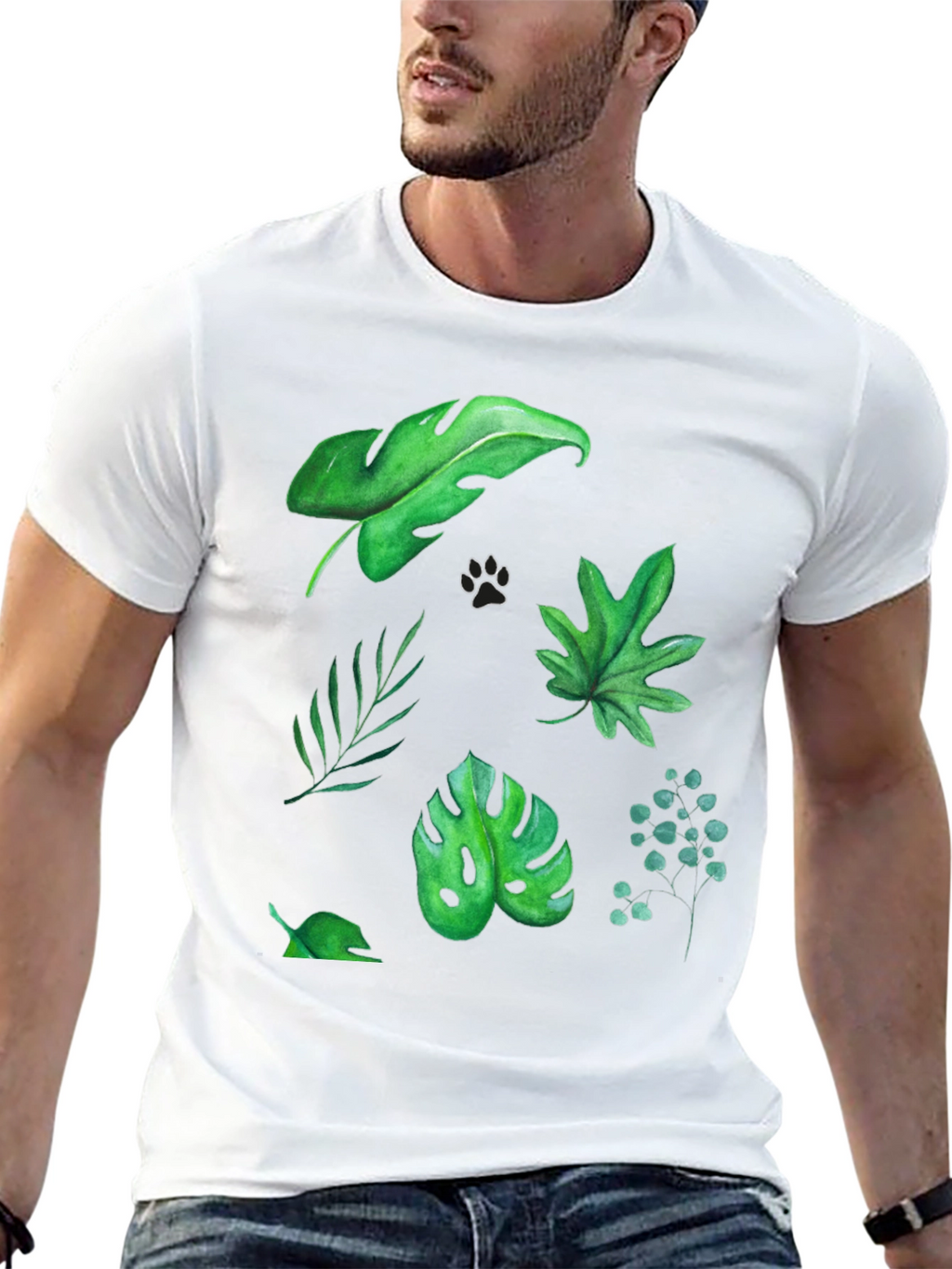Leaf Print Tee - Black Cotton T-Shirt