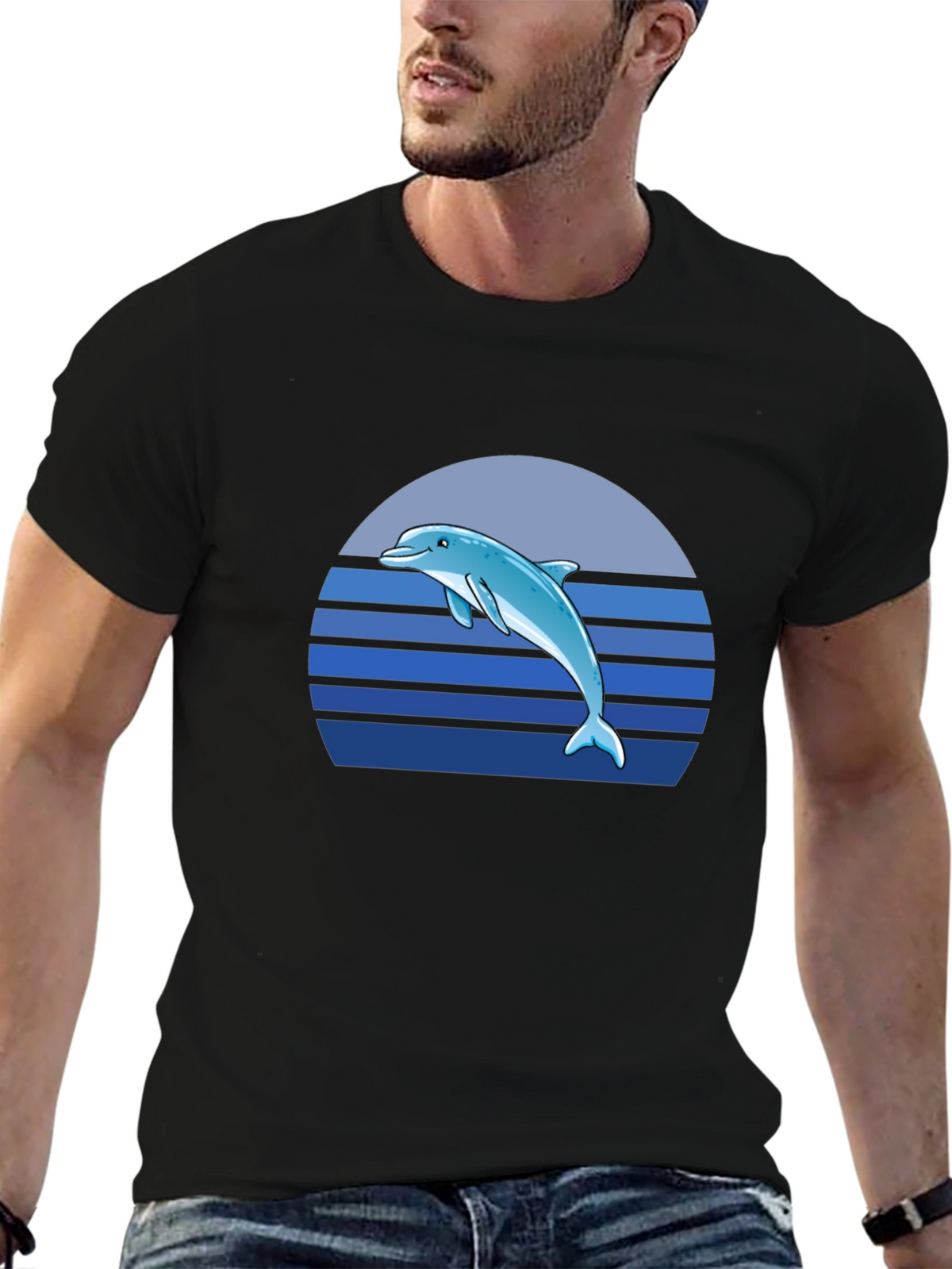 Dolphin Sunset Graphic Tee - Black Cotton T-Shirt