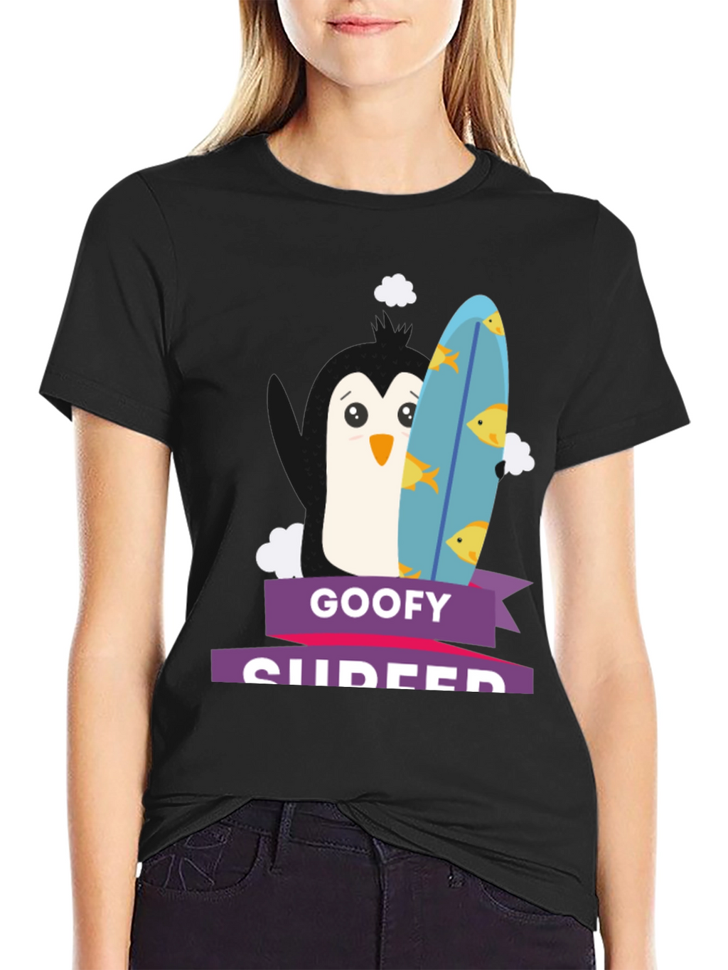 Goofy Surfer Penguin Graphic Tee - Black