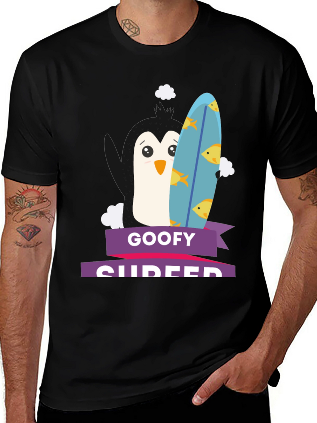 Goofy Surfer Penguin Graphic Tee - Black