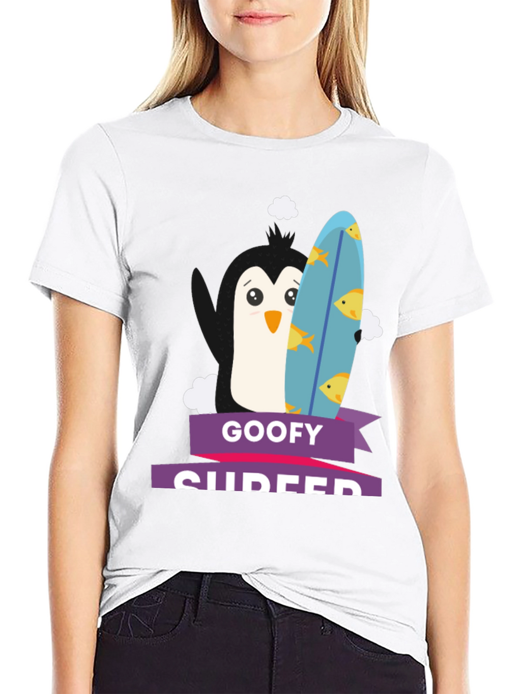 Goofy Surfer Penguin Graphic Tee - Black
