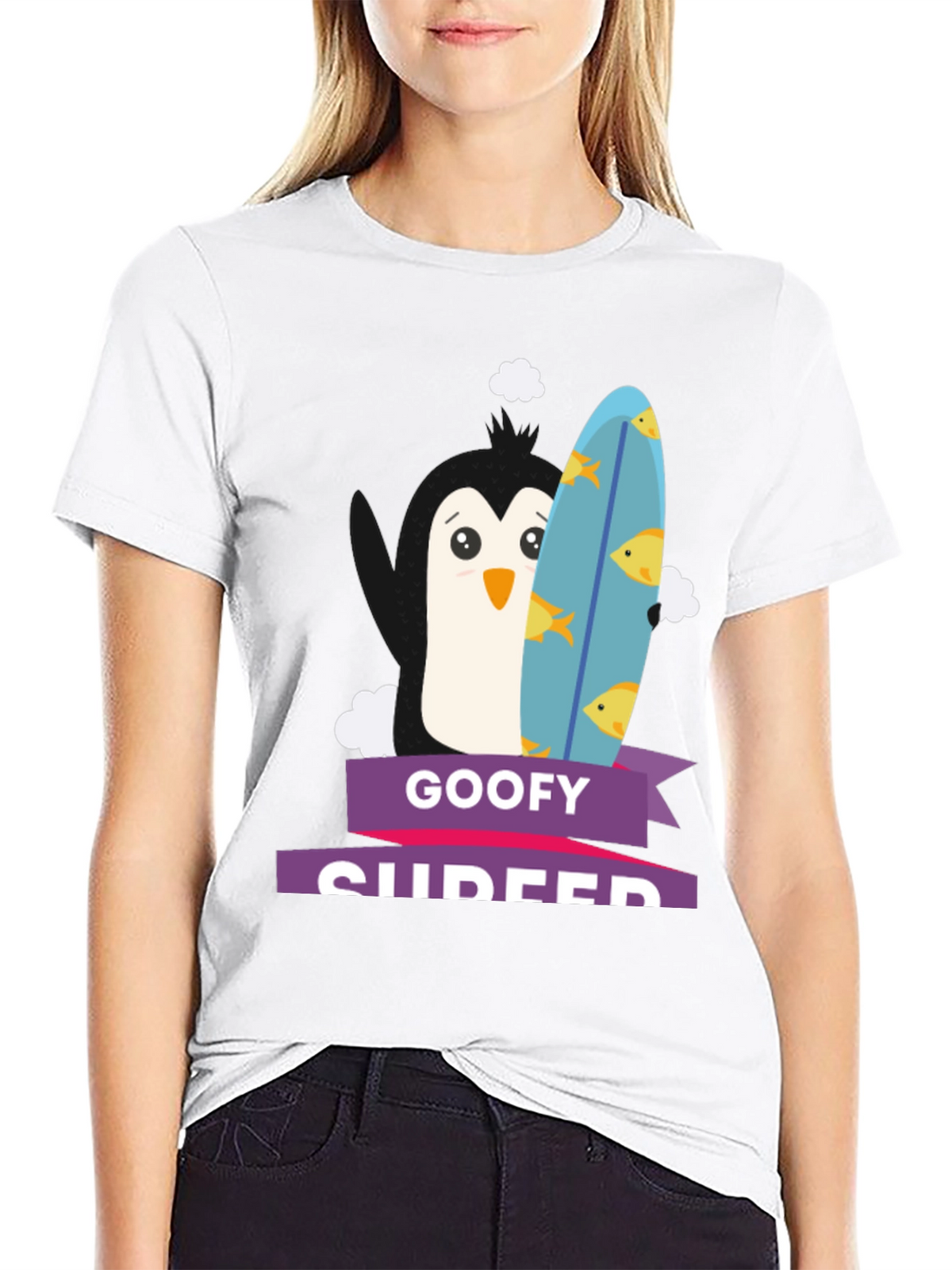 Goofy Surfer Penguin Graphic Tee - Black