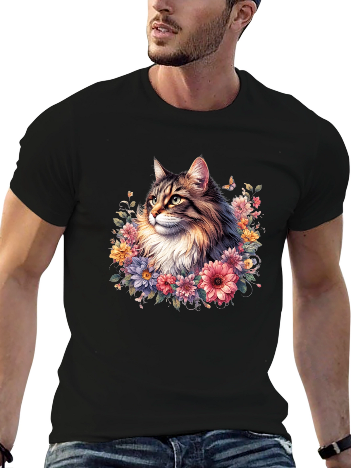 Floral Cat Graphic T-Shirt - Premium Unisex Tee