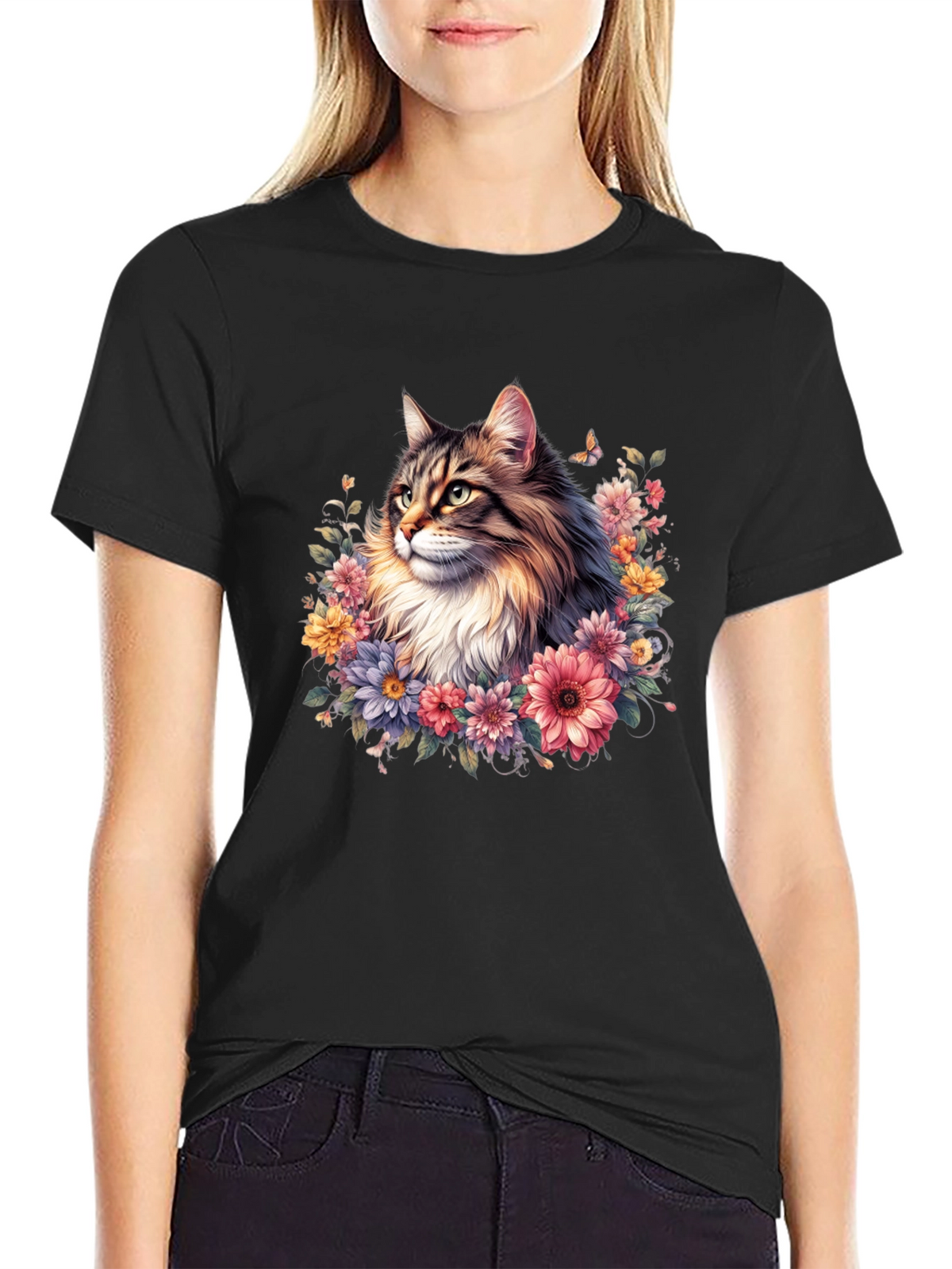 Floral Cat Graphic T-Shirt - Premium Unisex Tee
