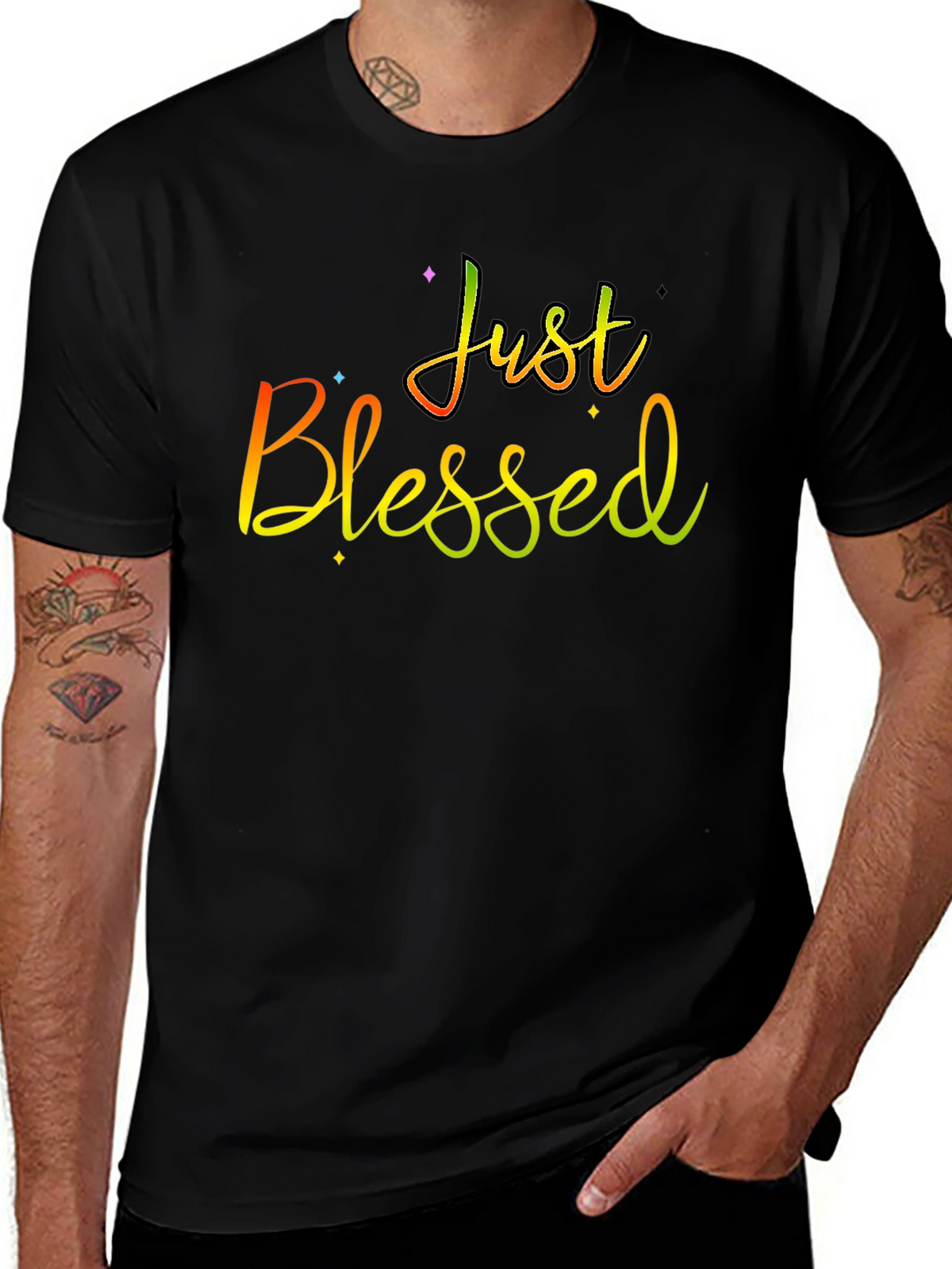 Just Blessed Rainbow Text Black T-Shirt
