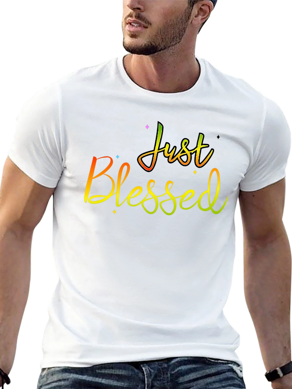 Just Blessed Rainbow Text Black T-Shirt