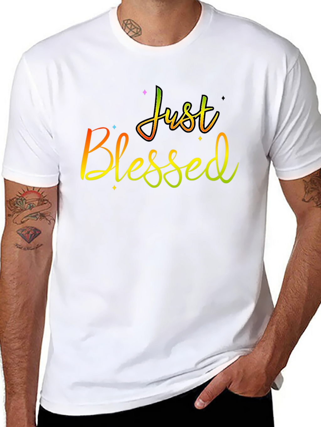 Just Blessed Rainbow Text Black T-Shirt