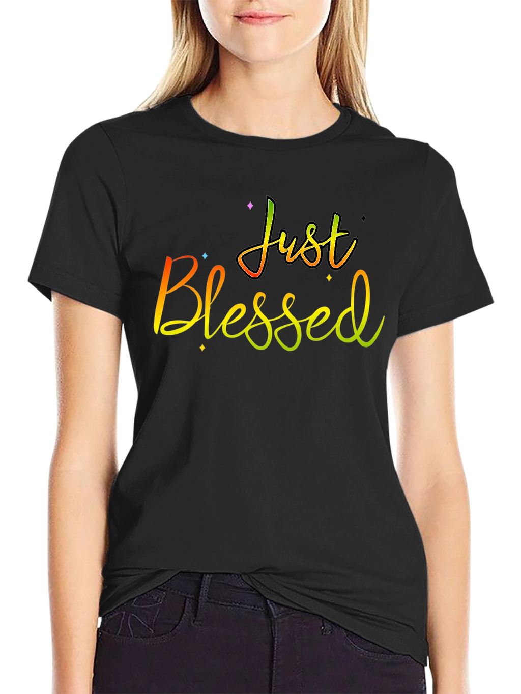 Just Blessed Rainbow Text Black T-Shirt