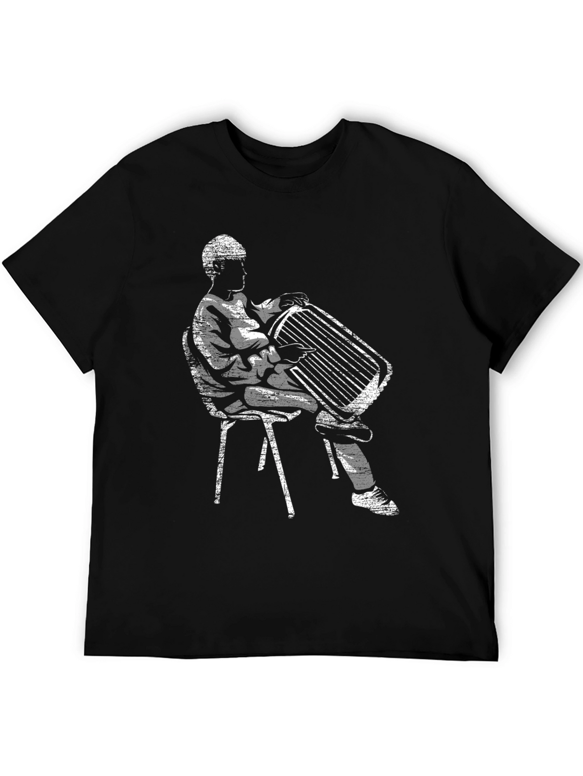 Mans Black T-Shirt with Harpist Graphic