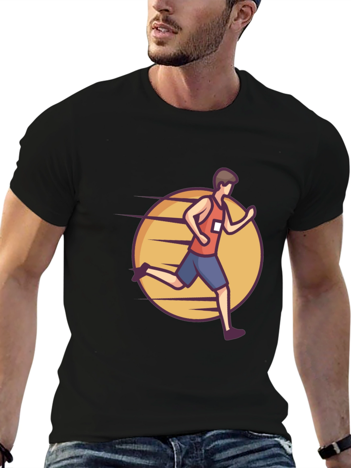 Black Graphic Tee: Cartoon Runner Design