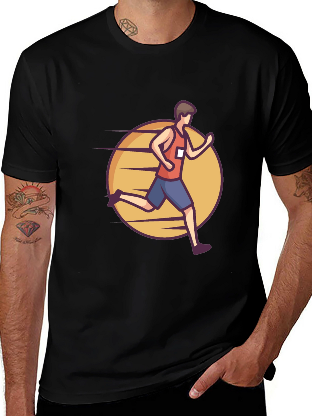Black Graphic Tee: Cartoon Runner Design