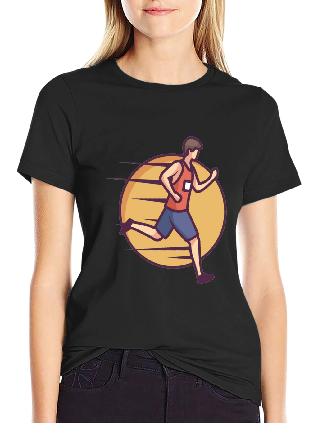 Black Graphic Tee: Cartoon Runner Design
